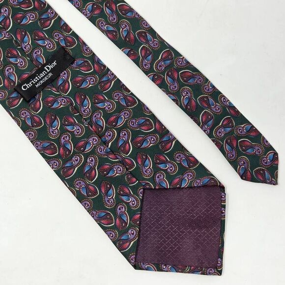 CHRISTIAN DIOR MONSIEUR VINTAGE SILK TIE GREEN PURPLE PAISLEY 4" X 56" - Picture 2 of 3